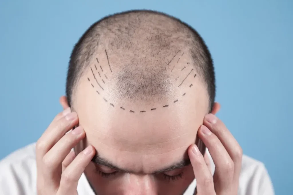 A specialist inserting hair plugs into the recipient area