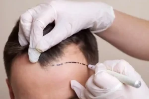A skilled surgeon extracts grafts during a hair transplant