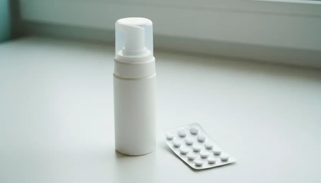 Close-up of topical hair medication bottle and oral pills on a white surface