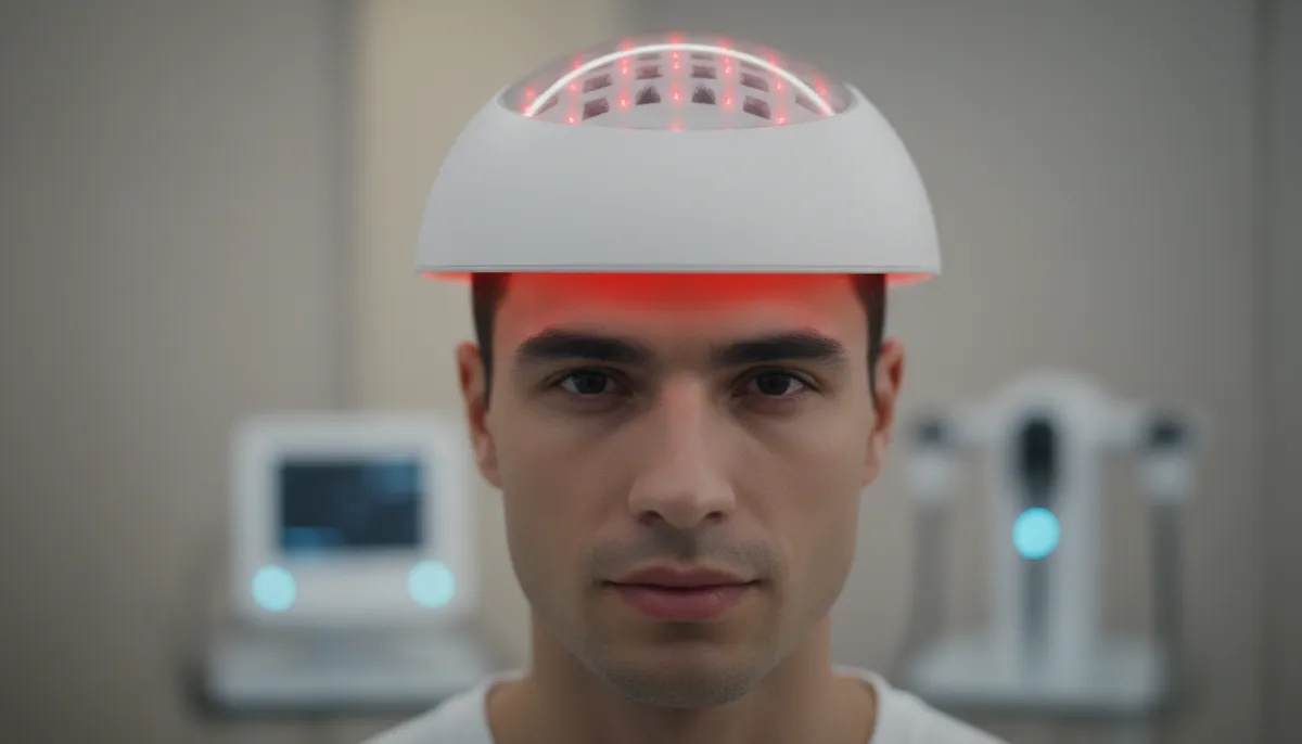 A man using a low-level laser cap on his scalp