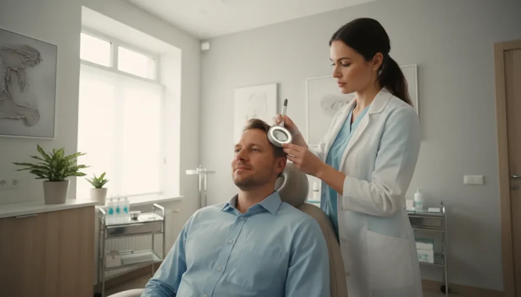 A dermatologist conducts a detailed scalp assessment.
