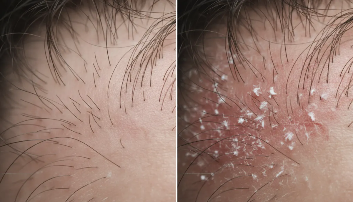 Close-up of a healthy scalp compared to a flaky scalp