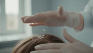 Close-up of scalp being treated with a hair tonic