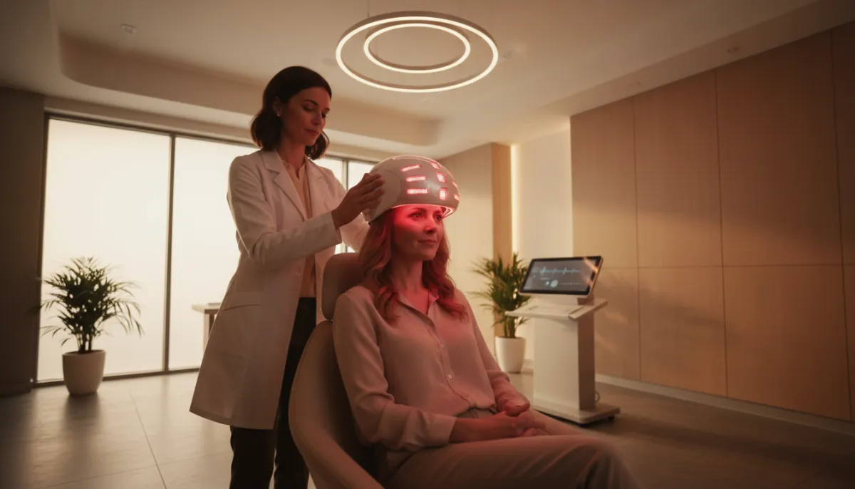 Clinic‑grade LLLT helmet delivering red light to the scalp