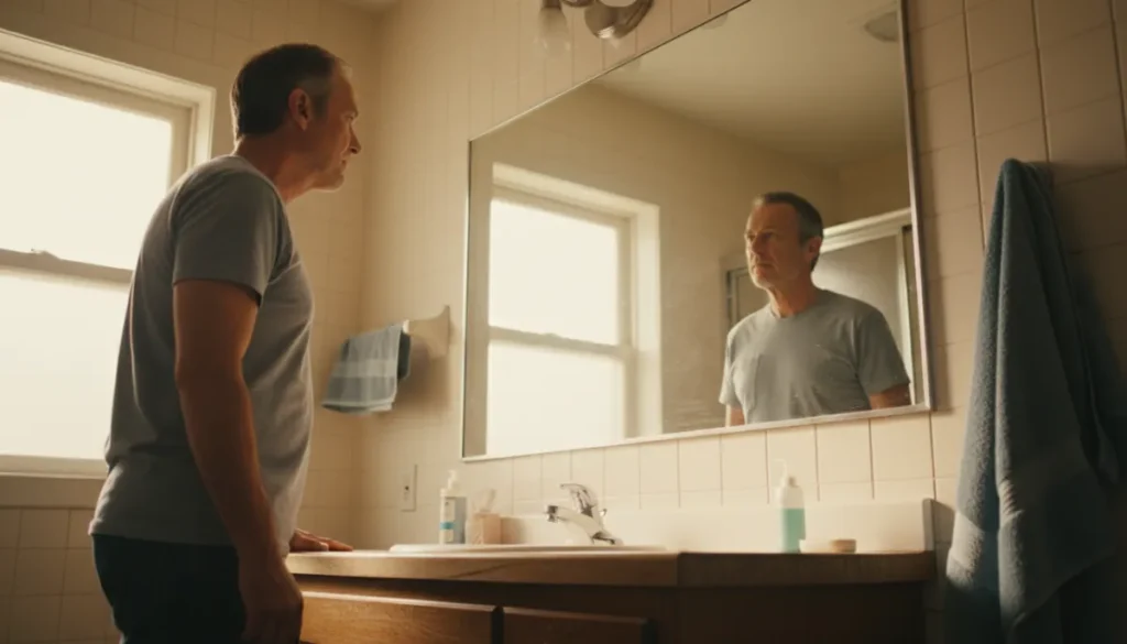 Man examining his thinning hair in the mirror
