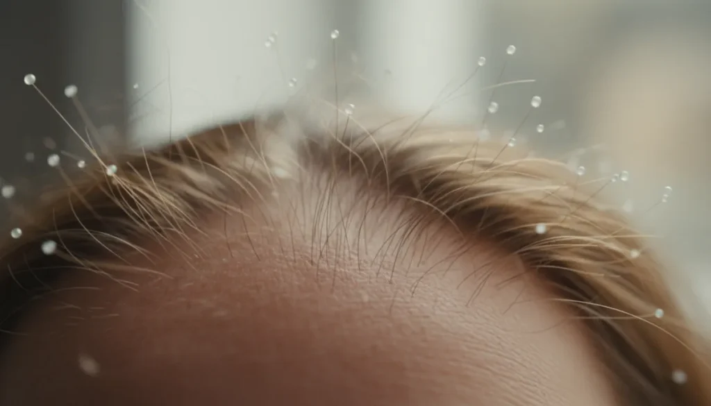 Close-up of hair strands with white bulb shedding