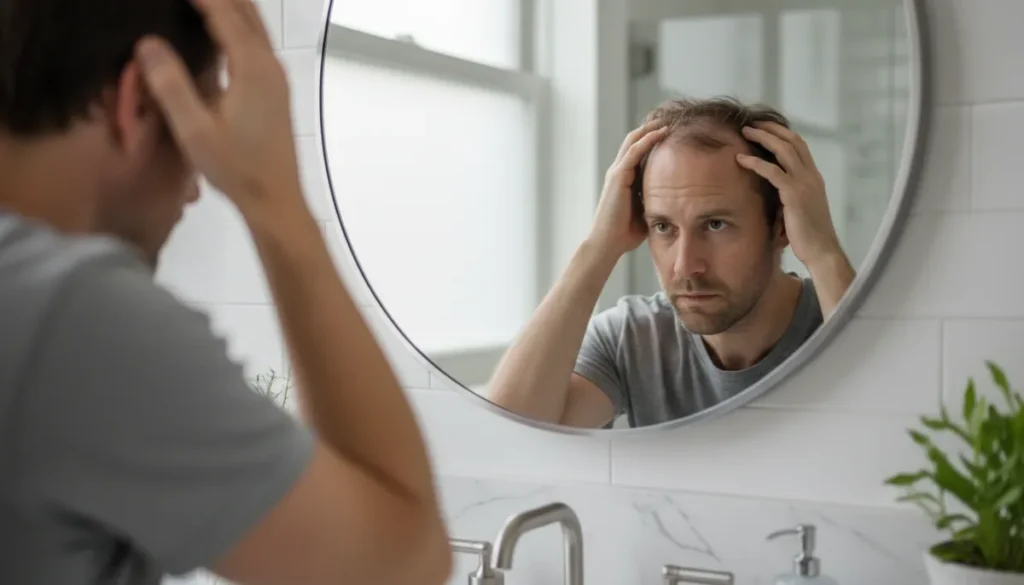 Man examining his thinning hair in mirror