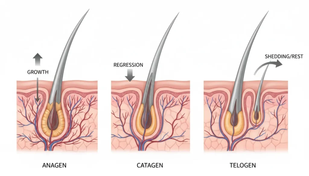 Diagram showing the hair growth cycle with anagen, catagen, and telogen phases