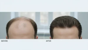 Hair transplant before and after picture showing dense growth