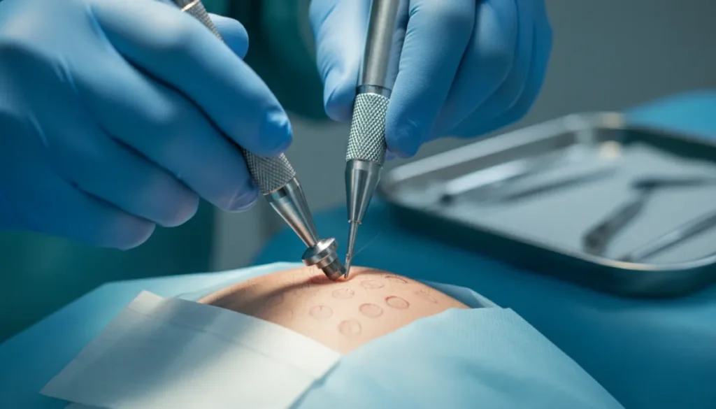 A skilled surgeon extracting grafts during a 2000 graft session