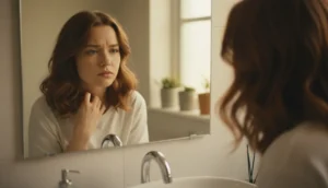 A woman checks her hair for signs of iron deficiency