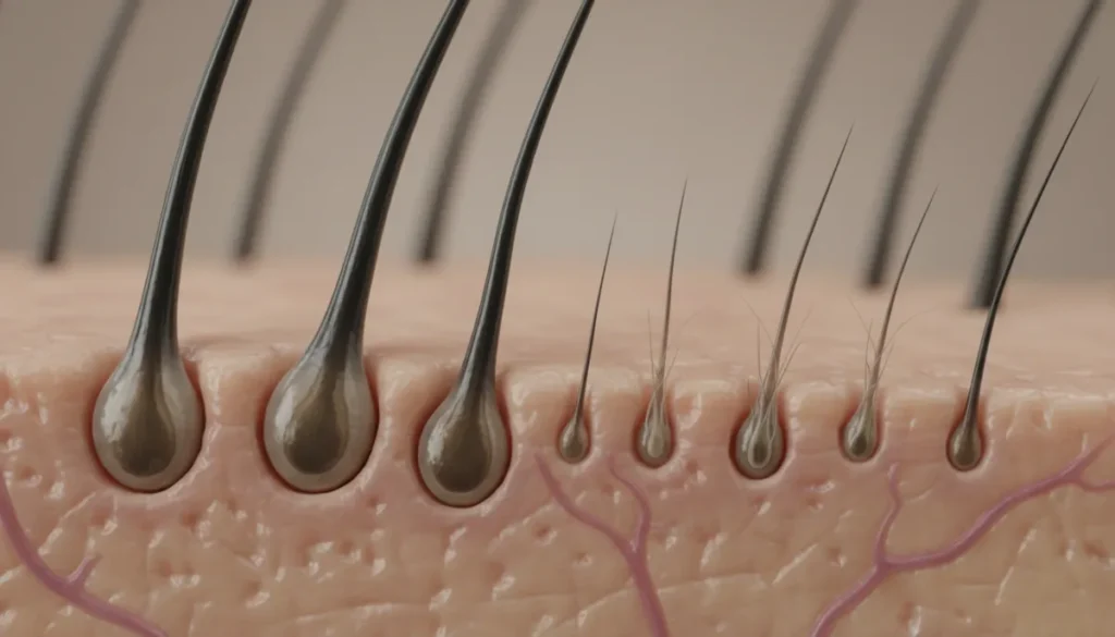 Healthy hair follicles compared to miniaturized ones
