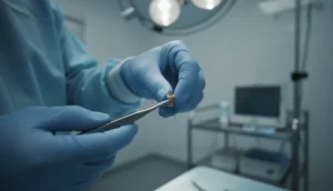Surgeon preparing hair plugs for transplantation