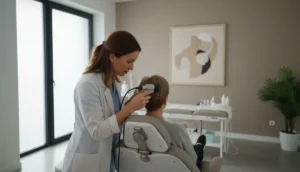 A dermatologist conducts a thorough scalp examination.