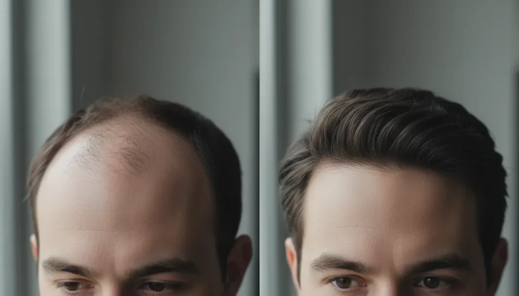 Visual comparison of a receding hairline before and after treatment