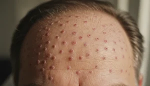 Scalp after one month post hair transplant, showing healthy pink graft sites