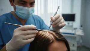 Hair grafts being carefully placed for a natural look