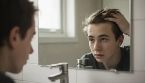 A teenager noticing early signs of hair loss