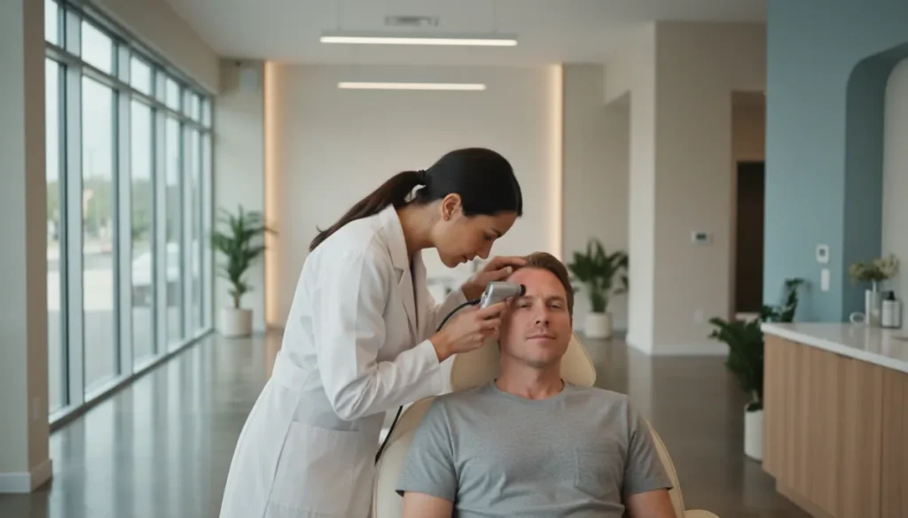 A dermatologist performing a detailed scalp assessment