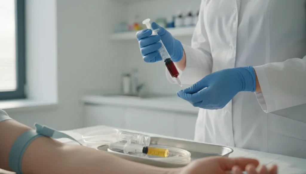 A specialist prepares platelet‑rich plasma for a precise scalp injection.