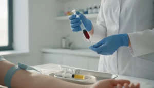 A specialist prepares platelet‑rich plasma for a precise scalp injection.