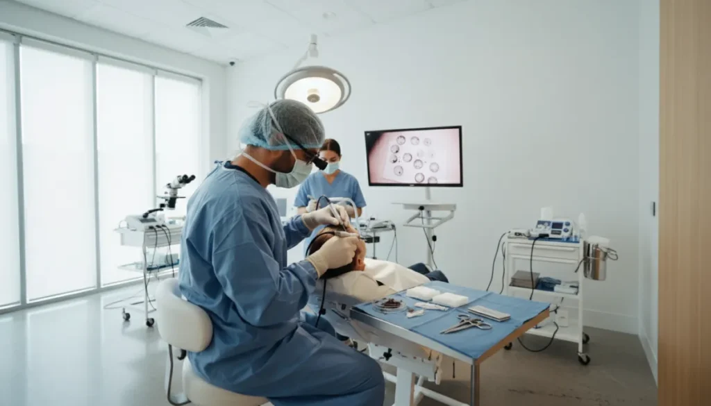 A specialist extracting individual follicles during an FUE procedure.