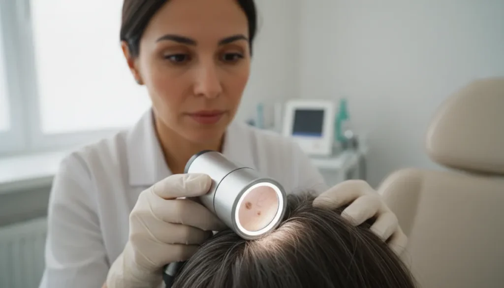 A specialist uses a dermatoscope to diagnose alopecia areata