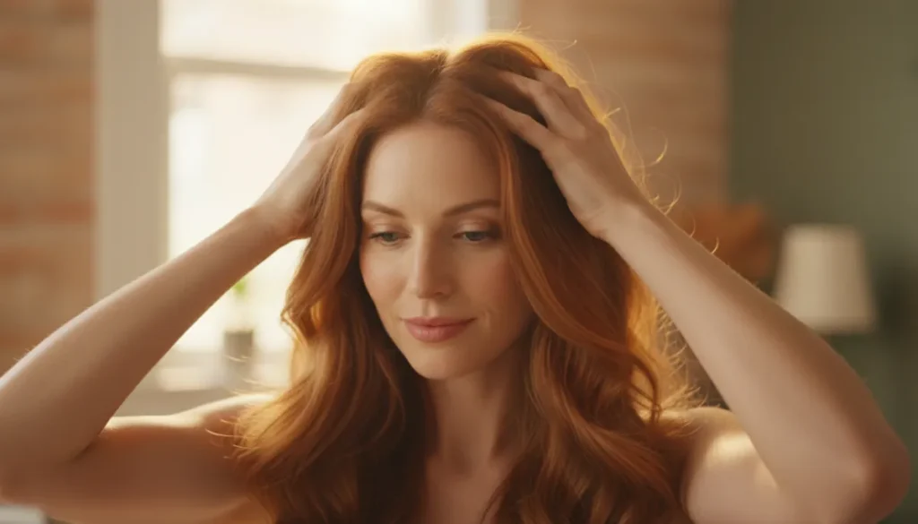A woman checking her scalp for signs of thinning