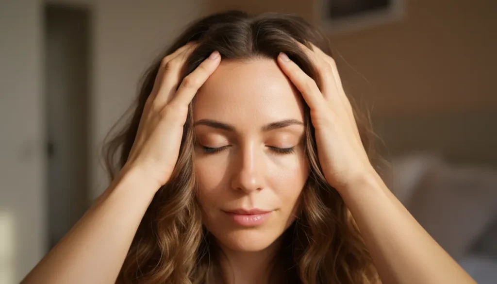 A woman checking her thinning hair in the mirror