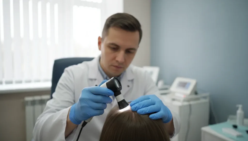 Professional scalp examination to identify causes of unilateral hair thinning.