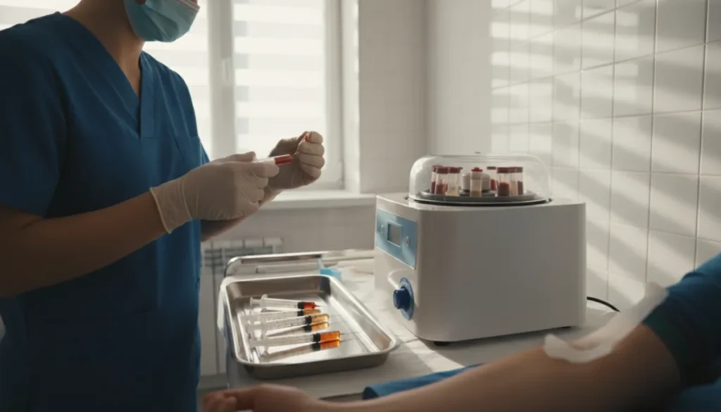 A specialist prepares a PRP injection for scalp application