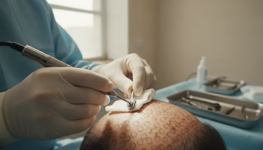 A specialist performing follicular extraction during a hair implant session