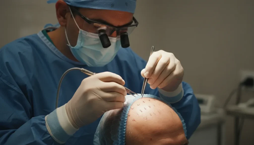 Illustration of a hair grafting session