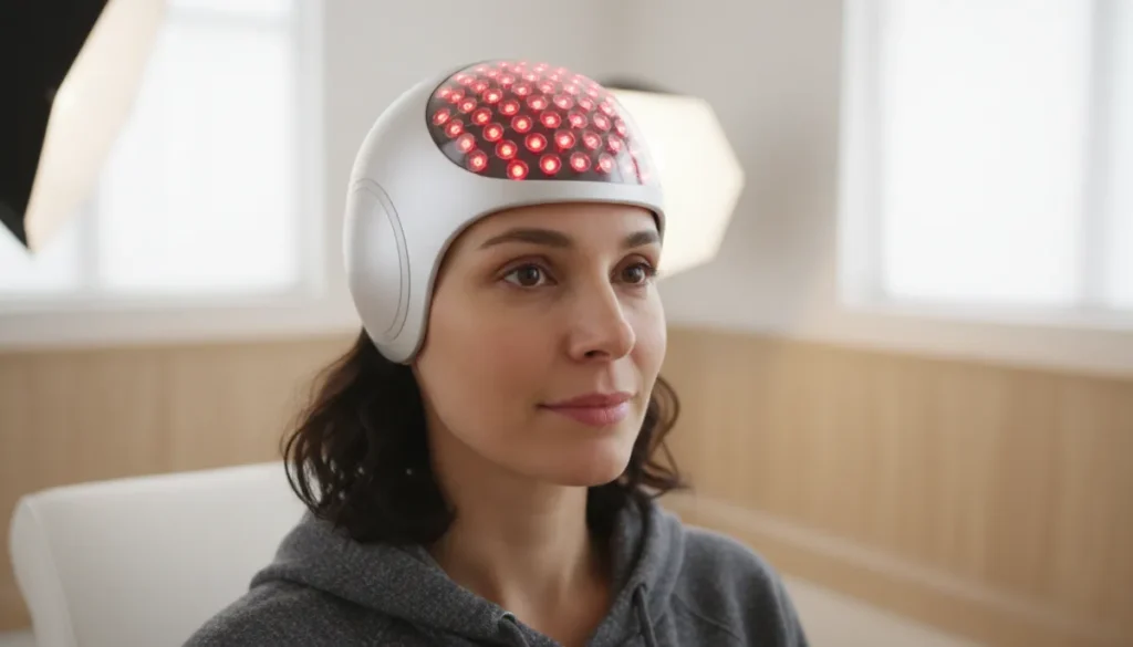 A user wearing a laser hair regrowth cap during a treatment session.