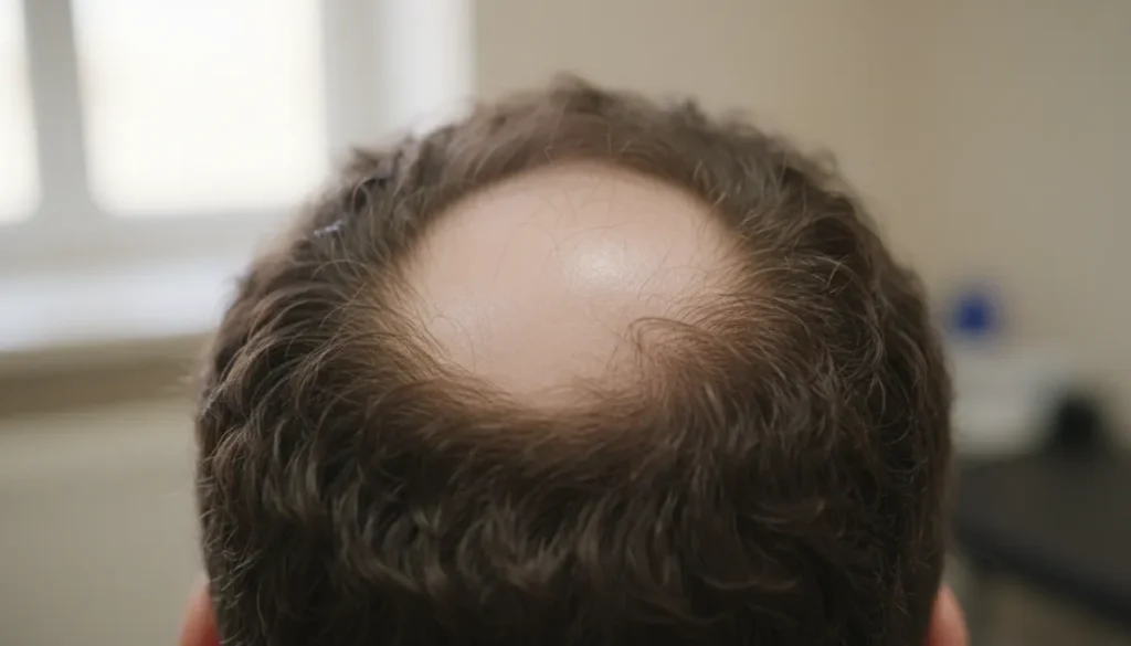 Typical appearance of a bald head patch caused by alopecia areata