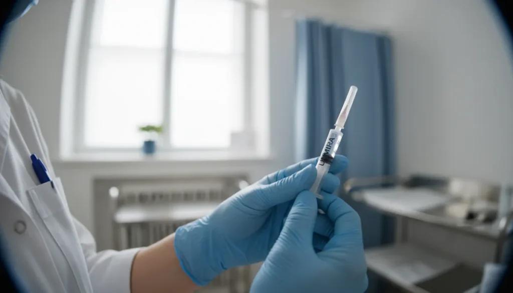 A healthcare professional prepares a Humira injection