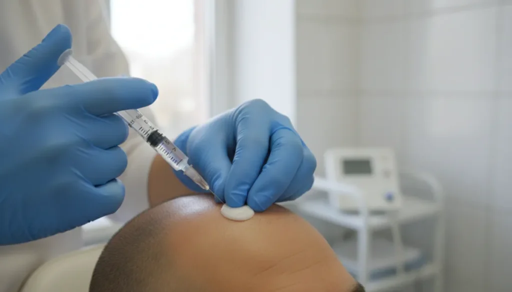 A specialist performing a corticosteroid injection for hair loss