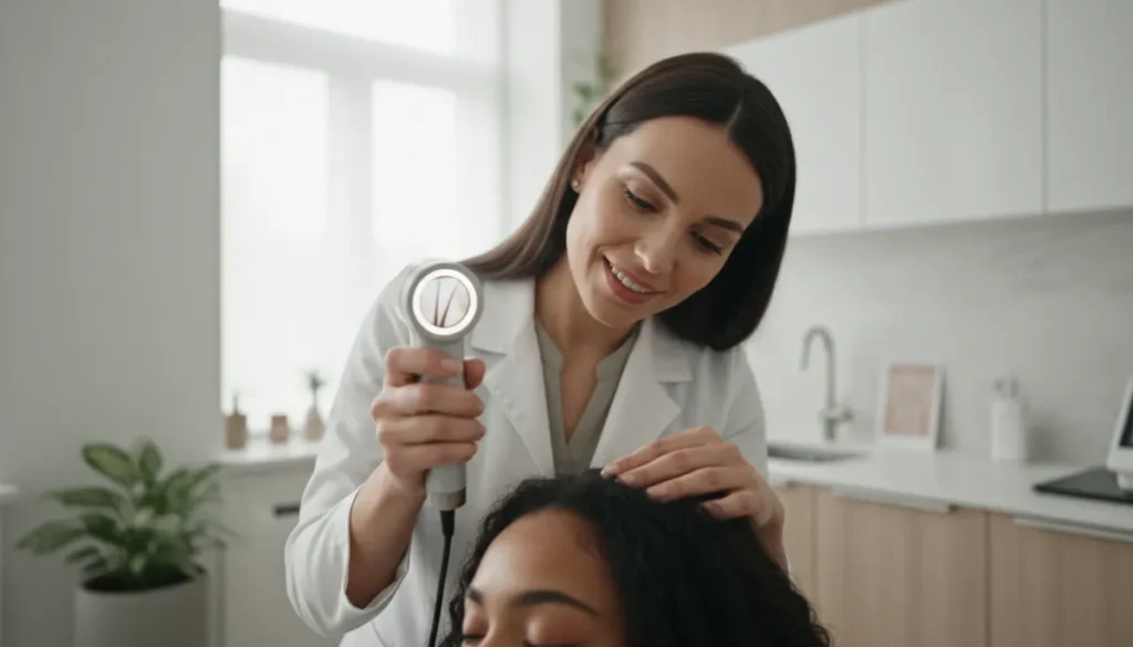 A trichologist conducting a scalp analysis