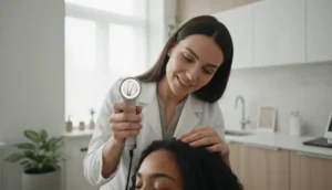 A trichologist conducting a scalp analysis